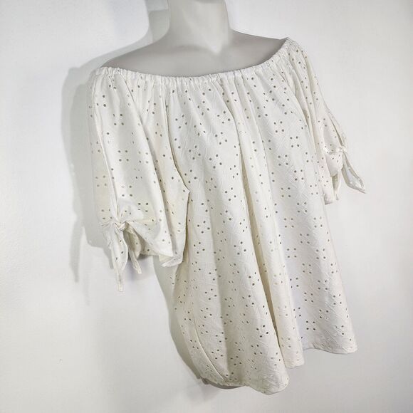 Vince Camuto Top Womens Large White Eyelet Cottagecore Short Slit Sleeve Ties - Picture 4 of 8